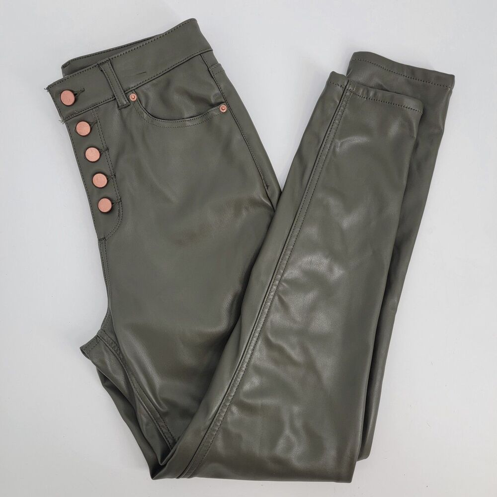 Tinseltown Womens Sz 7 Green Fleece Lined Faux Leather Copper Button-Fly Pants